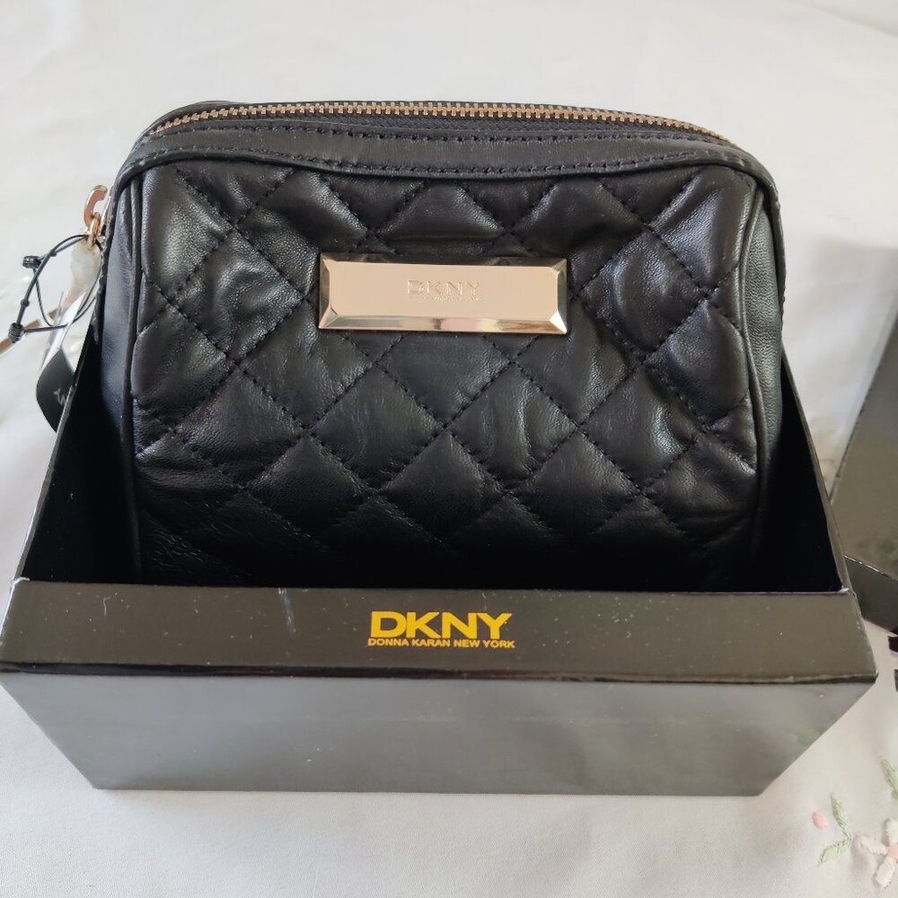 NWT DKNY Black Quilted Nappa Leather Makeup Cosmetic Pouch Bag